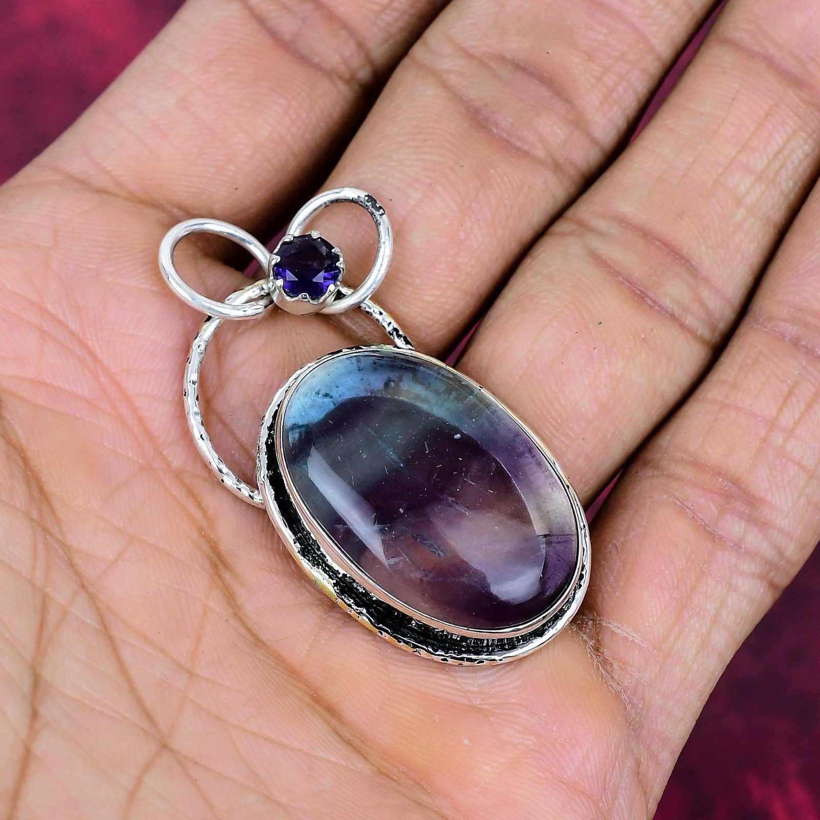 Fluorite & Amethyst Gemstone Handmade 925 Solid Silver Healing Pendant Jewelry