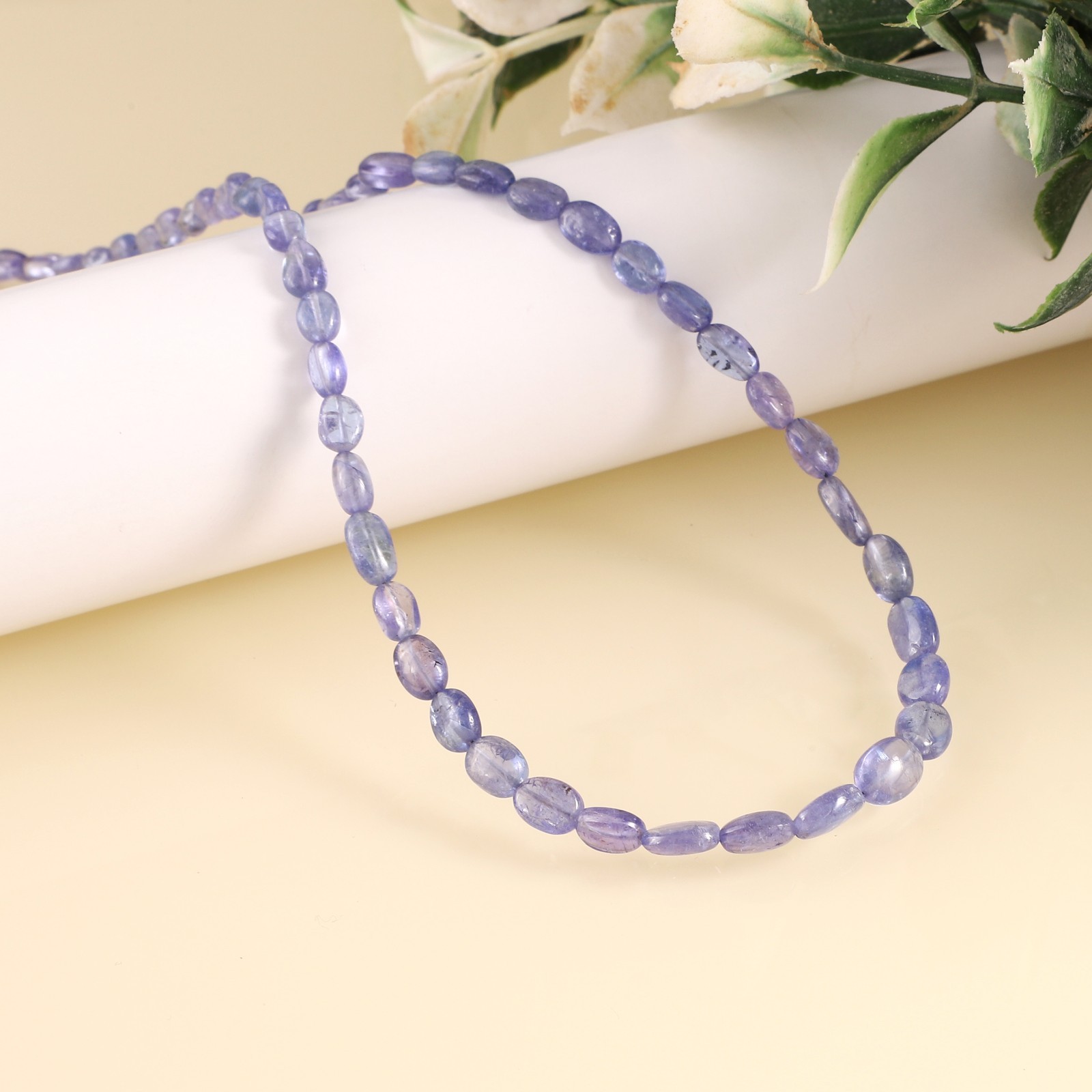 100%Natural Tanzanite Stone Beaded Handmade Necklace Oval Shape 925 Silver