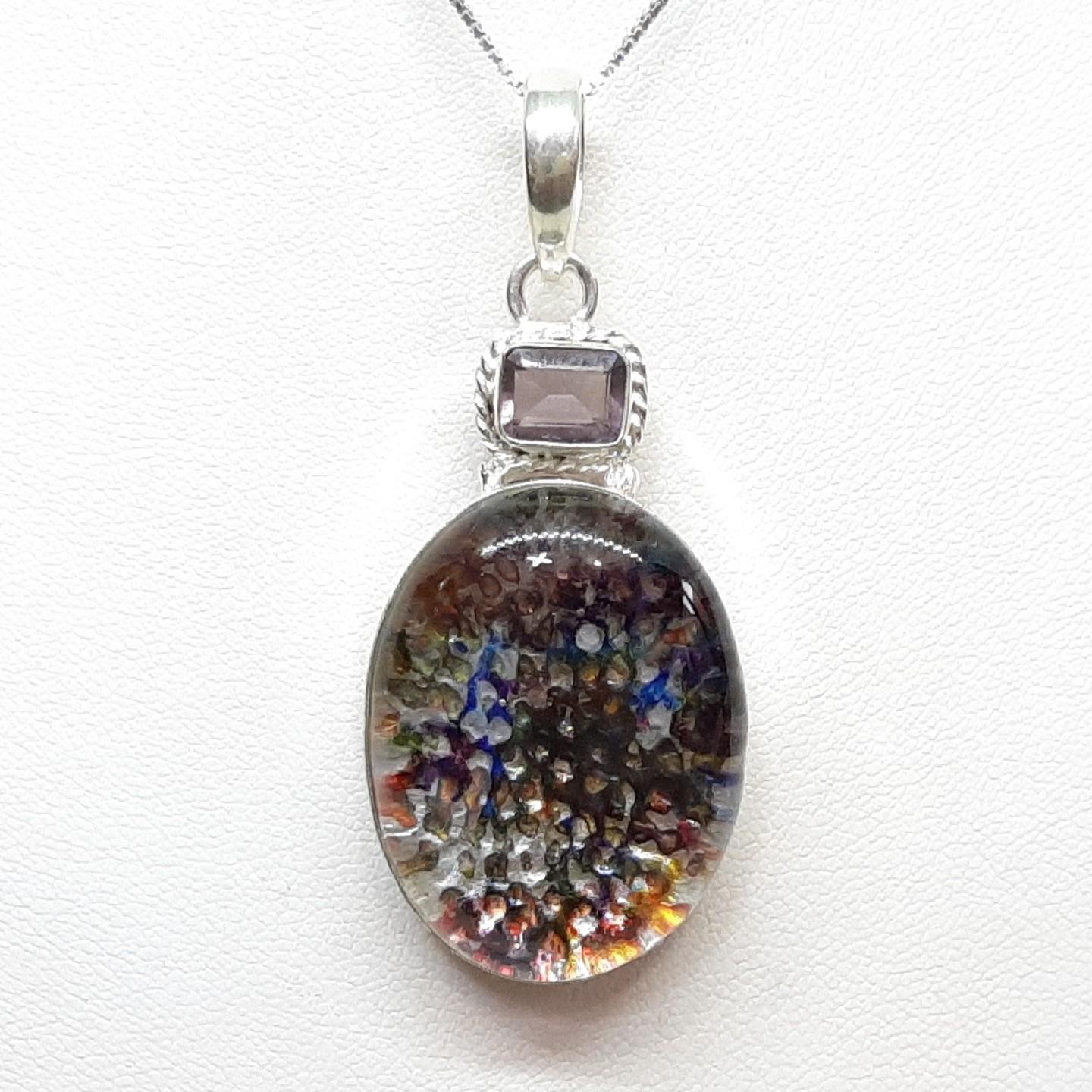 LARGE 43.70ctw Rainbow Quartz & Amethyst Silver Pendant 14.6g