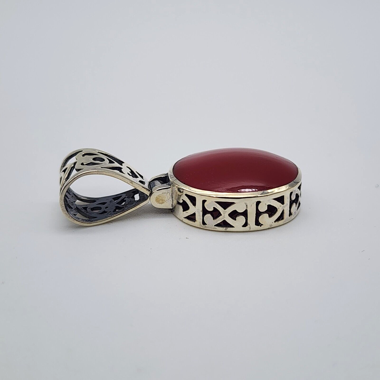 Sterling Silver 925 Red Plastic Resin – Open Work Asian Motif Pendant