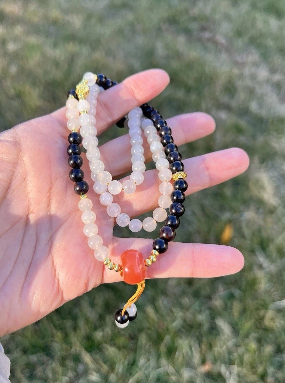 22″ Nephrite Jade+Wood+Agate 6mm Bead Necklace B608