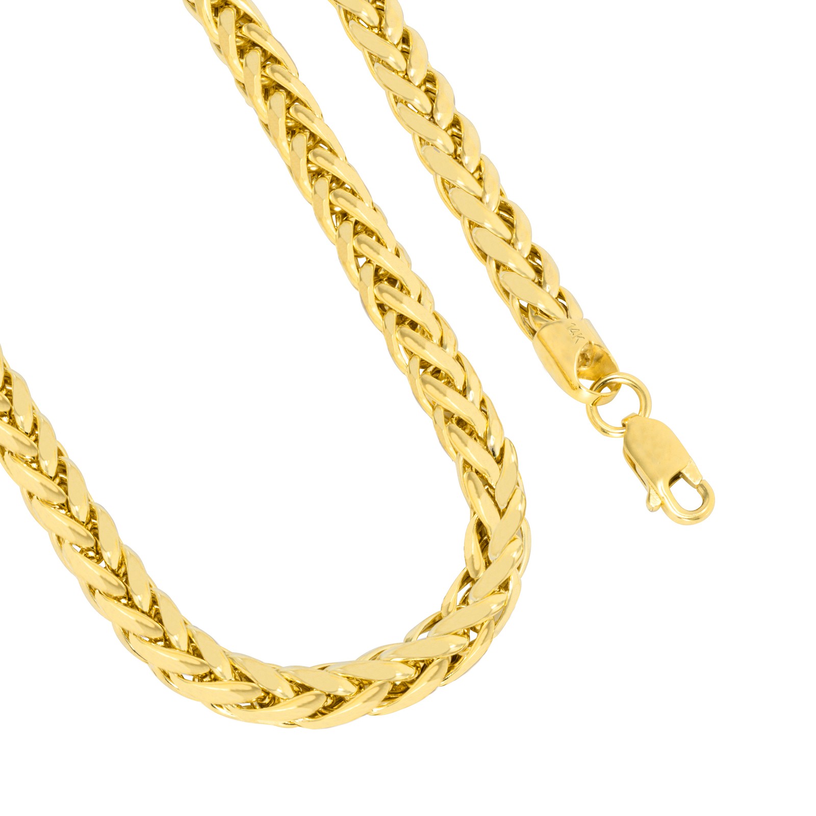 14K Yellow Gold 2.5mm-5mm Round Wheat Palm Franco Spiga Chain Necklace 16″- 30″