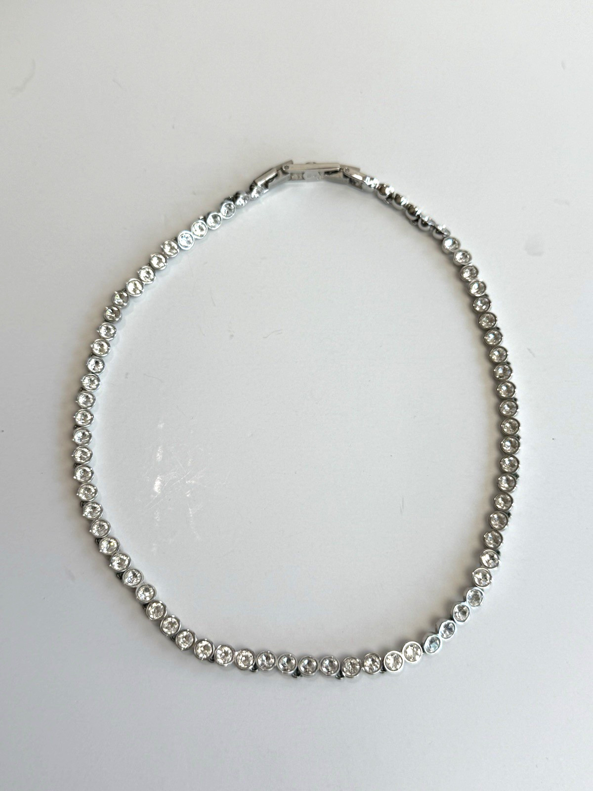 SWAROVSKI Clear Crystal Silver Plated Tennis Necklace Bezel Choker Signed 16″