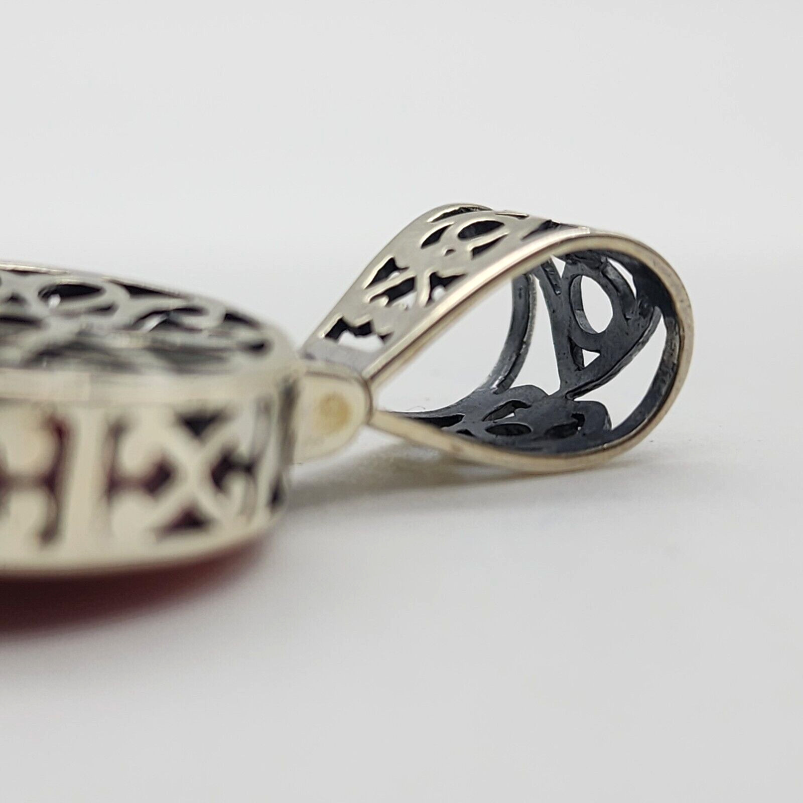 Sterling Silver 925 Red Plastic Resin – Open Work Asian Motif Pendant