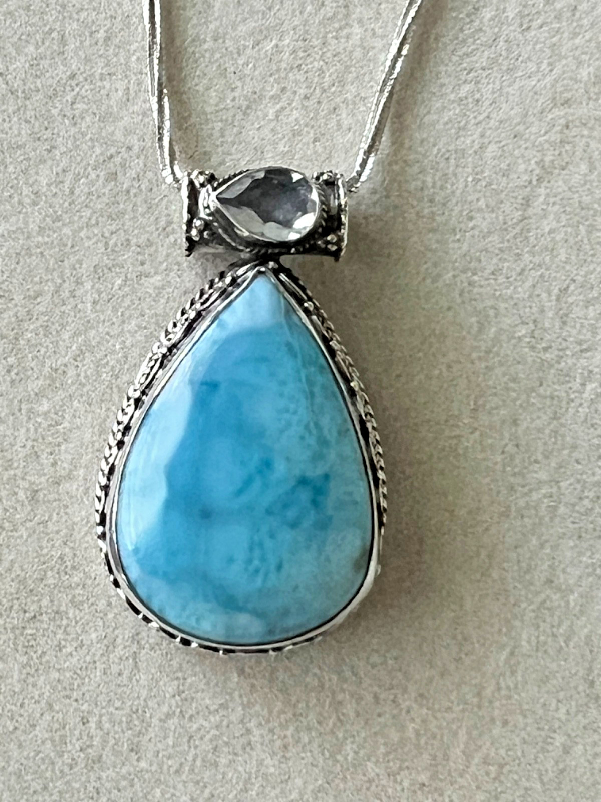 Larimar Pendant Sterling Silver 925 – Quartz Bezel – Ornate Caribbean Blue Stone