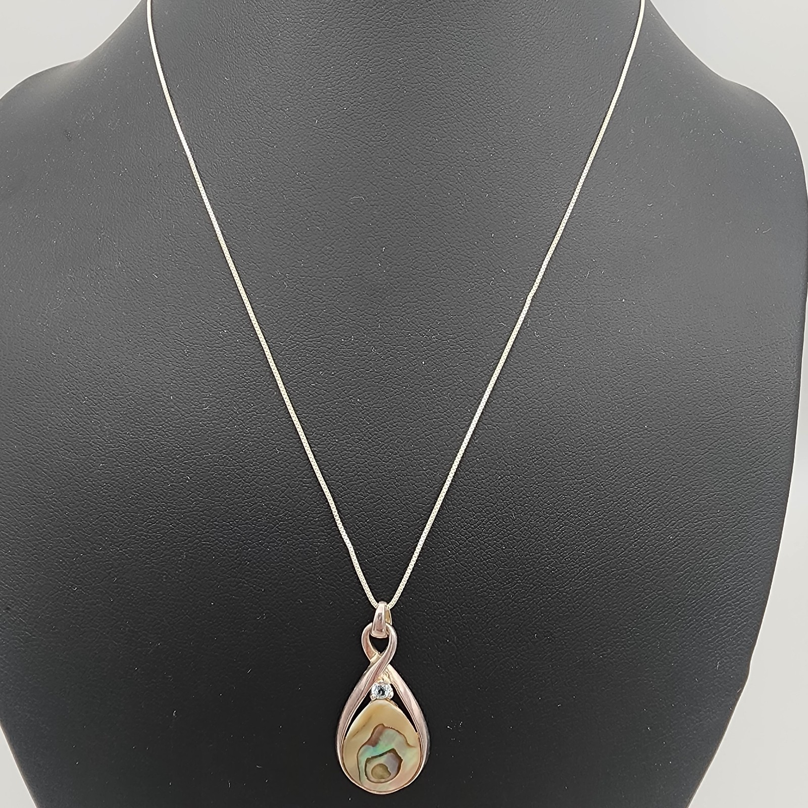 NV Abalone Teardrop Pendant Box Chain Necklace 19 in Silver Sterling 925 Boho