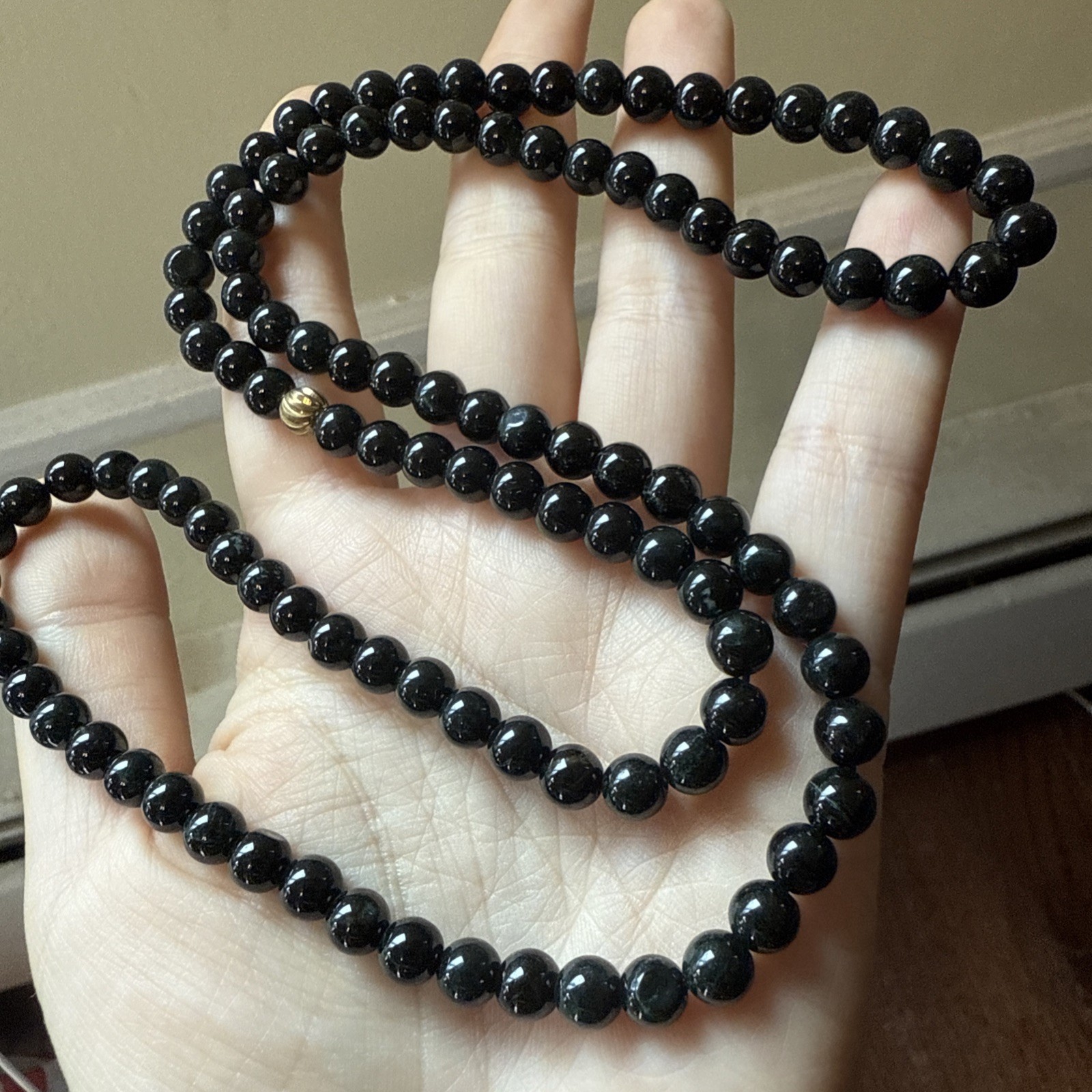 untreated Myanmar Grade A Black Jadeite Long Beaded Necklace 6.2 Mm 6 Mm