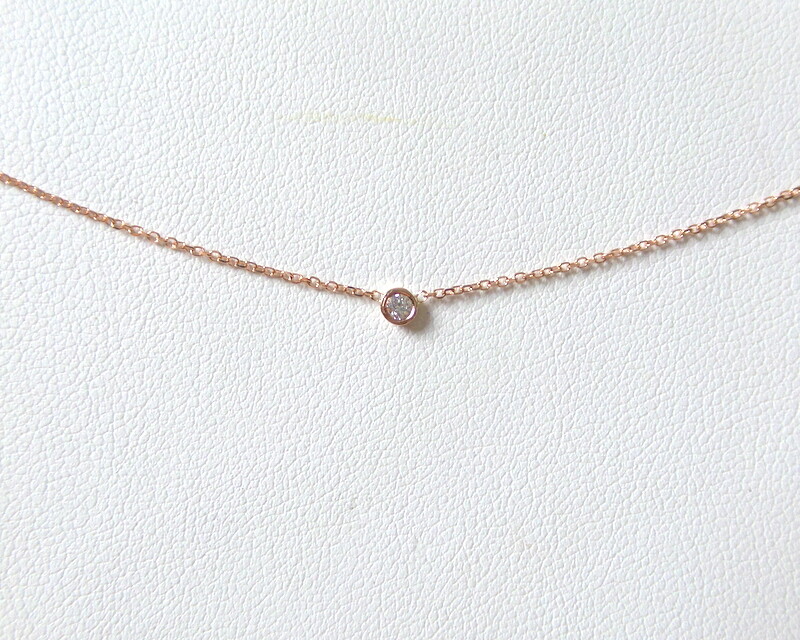 DIAMOND SOLITAIRE BEZEL SET NECKLACE 14K ROSE GOLD 0.03CT SI1 Clarity G COLOR