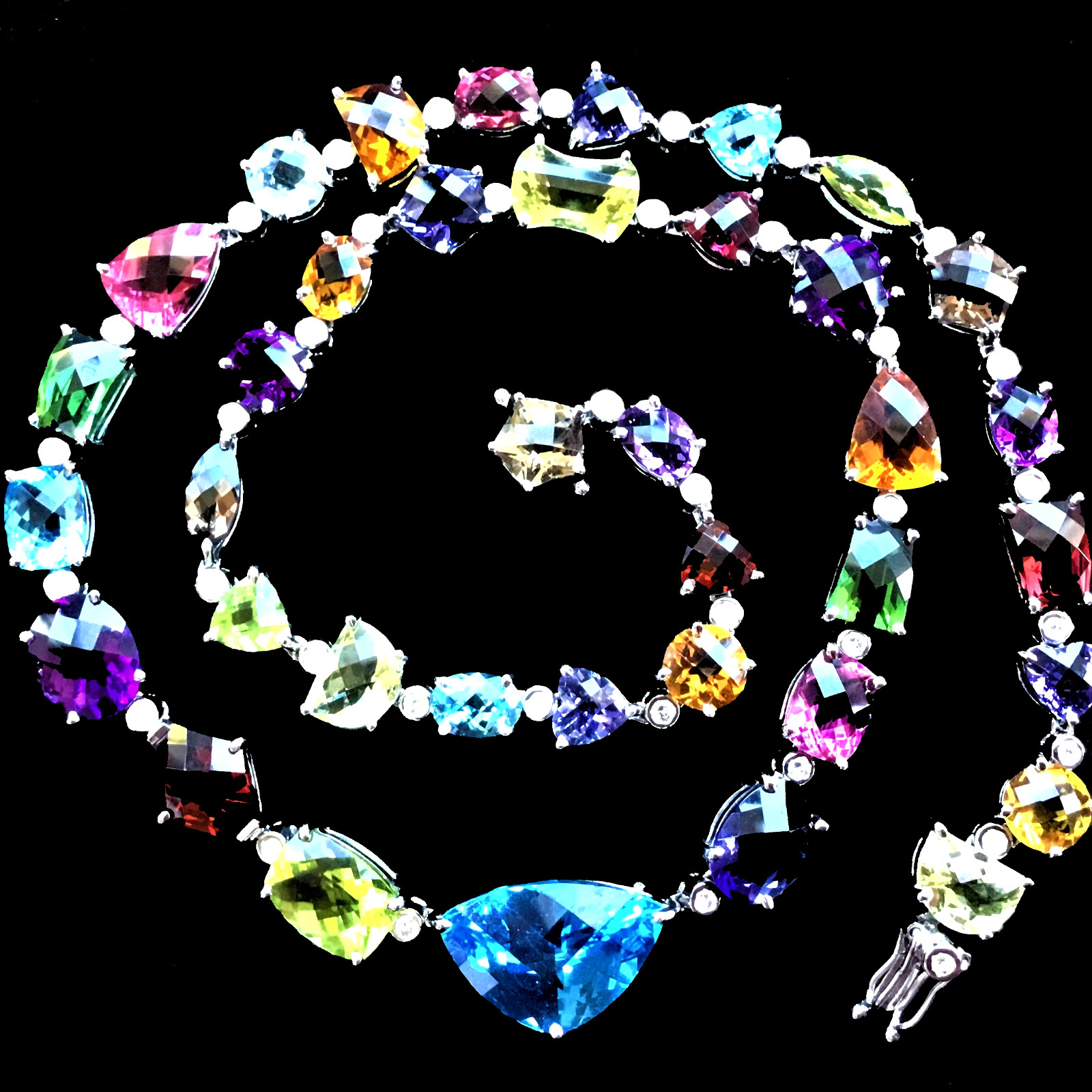 14K White Gold Multi-Color Gemstone/Diamond Necklace Designer 39g 17in