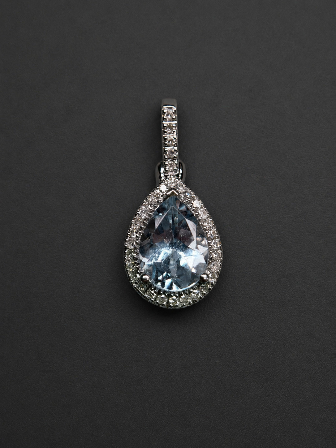 14K White Gold Aquamarine & White Diamond Teardrop Pendant Charm