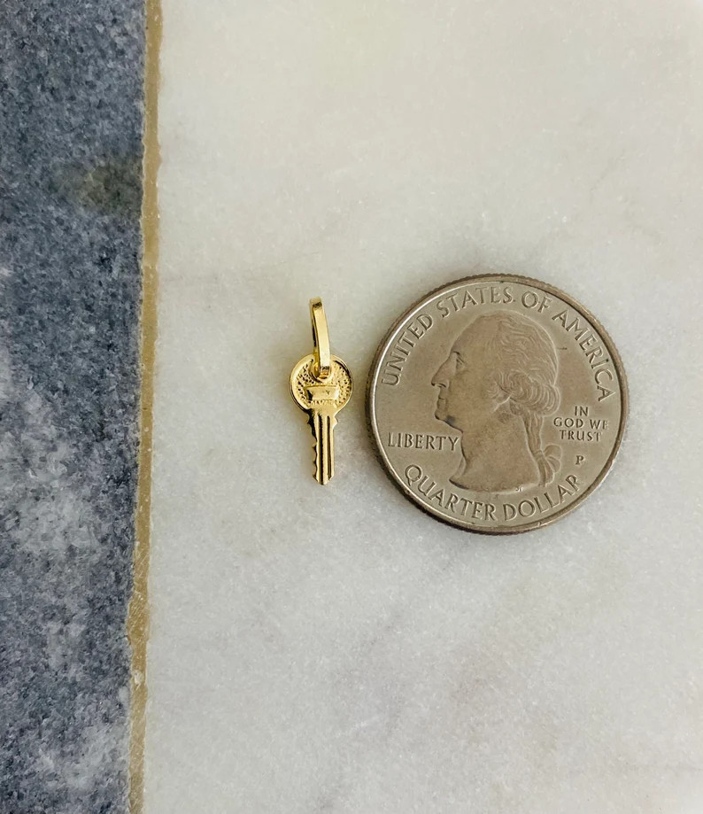 14K Solid Gold 17mm x 6mm Small Key Charm Pendant, 14K Solid Gold Key- PT465