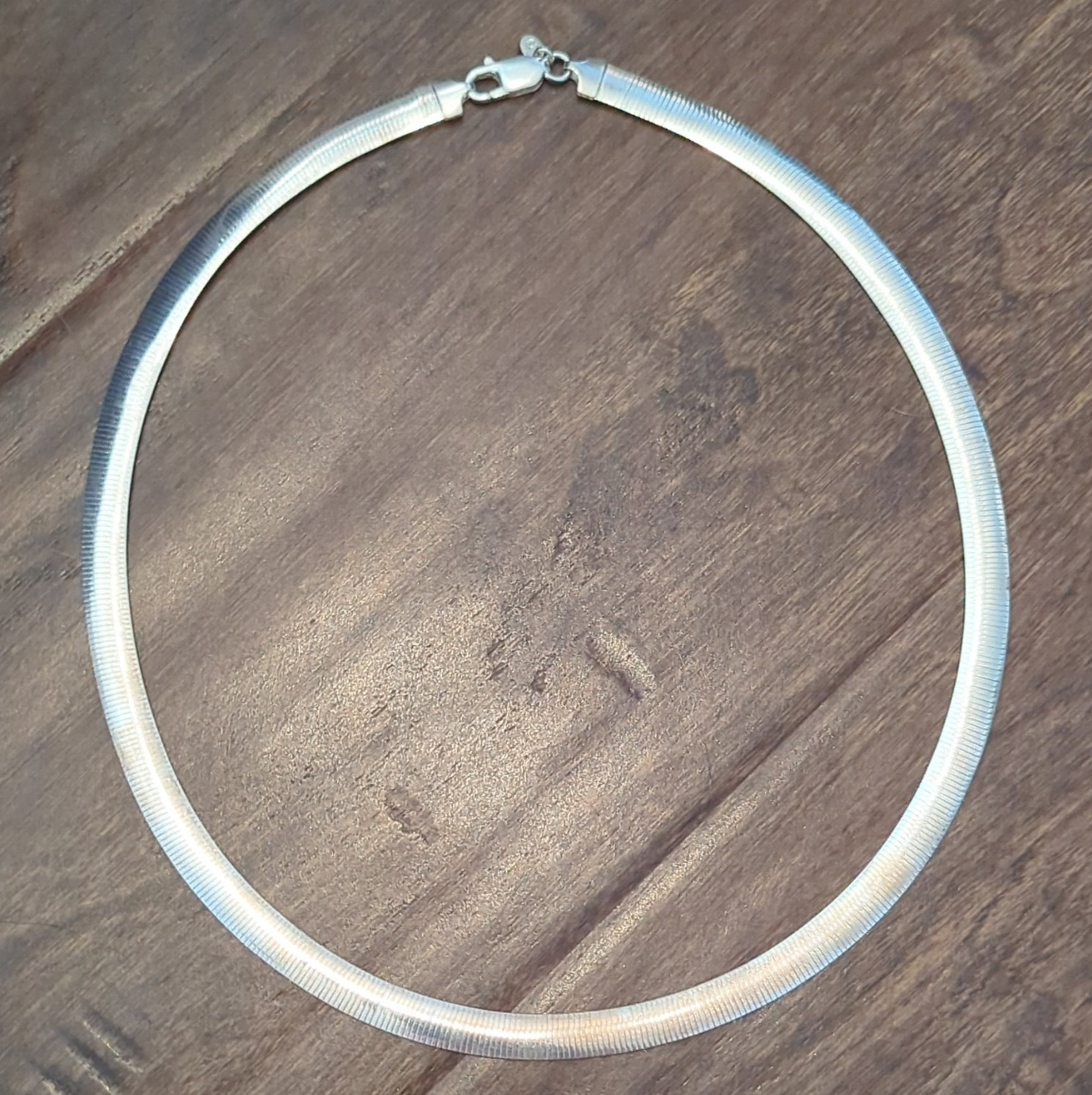 Signed 925 Silver Herringbone Omega Necklace Metal Lobster Clasp No Stone