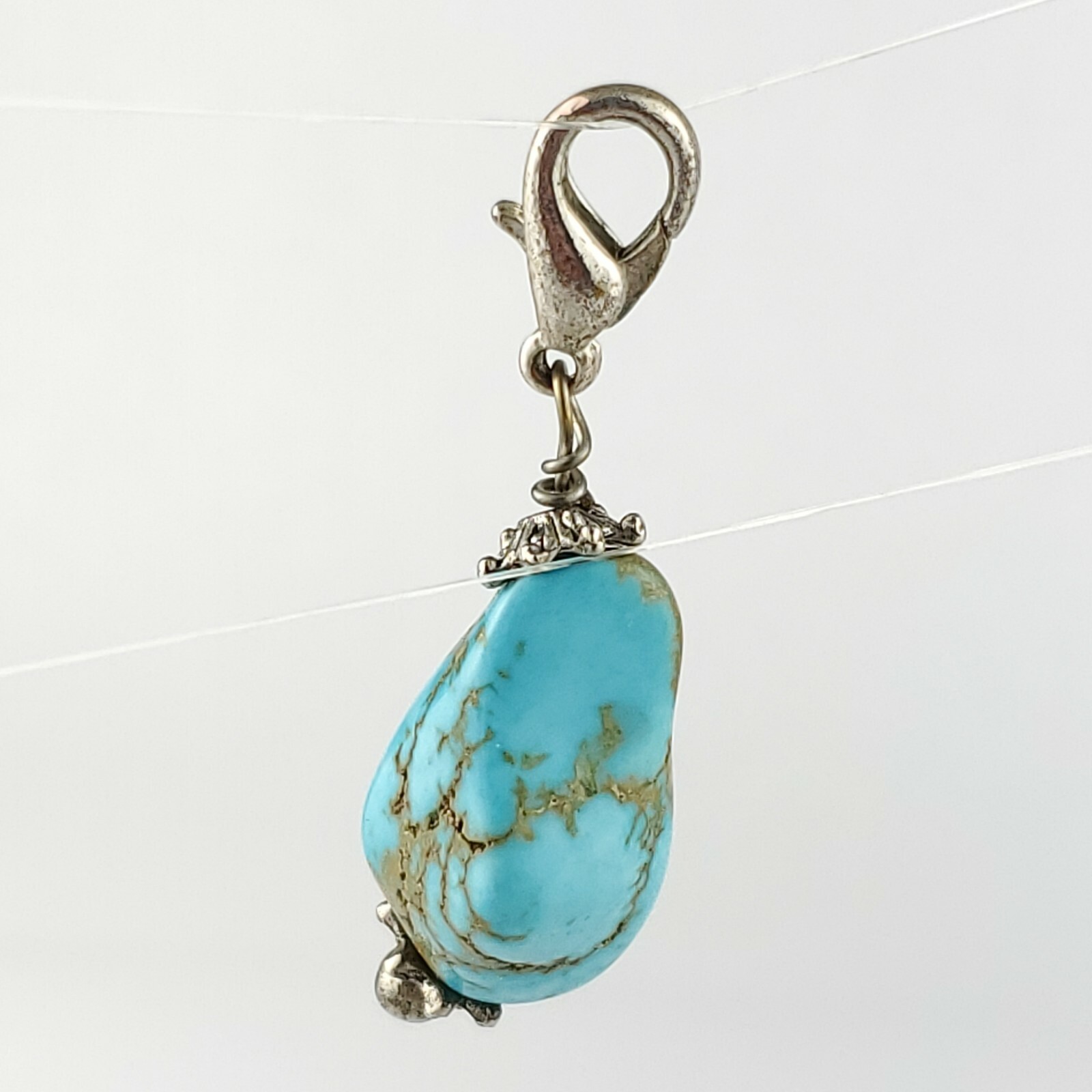 Handmade Turquoise Stone Nugget Charm Pendant Silver Tone Metal Lobster Clasp 2″