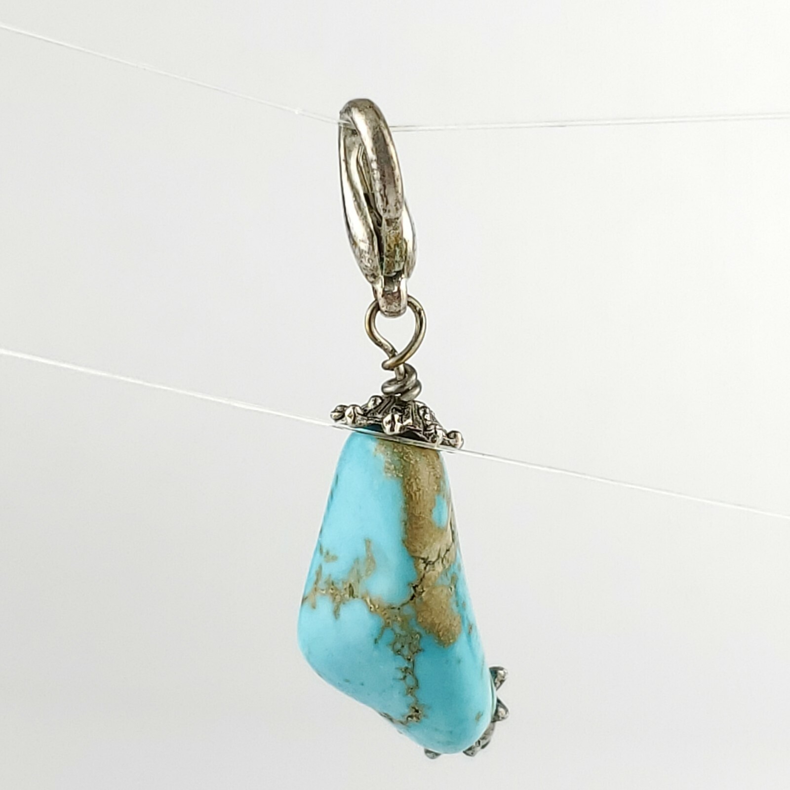 Handmade Turquoise Stone Nugget Charm Pendant Silver Tone Metal Lobster Clasp 2″