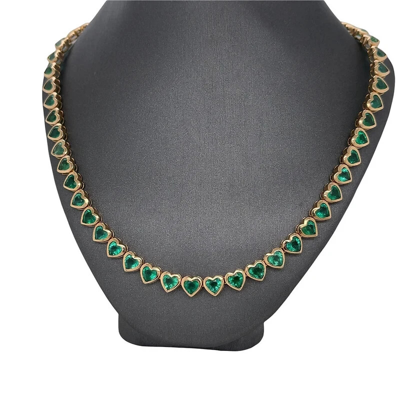 16CT Natural Green Emerald Tennis Necklace 14KT Yellow Gold 17″In CERTIFIED