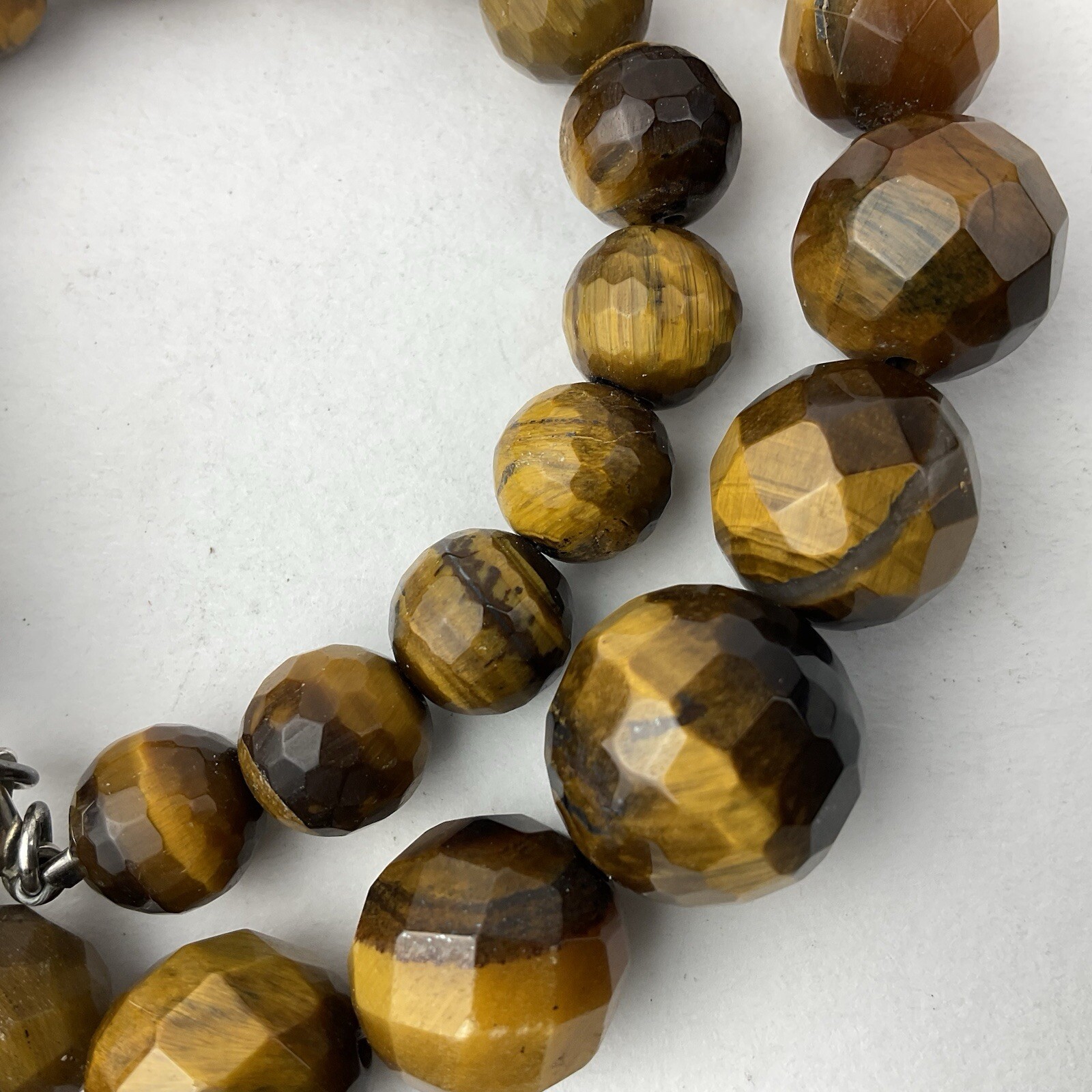 Tiger’s Eye Necklace Faceted Round Graduating Beads Sterling Silver 925 Mark 18″