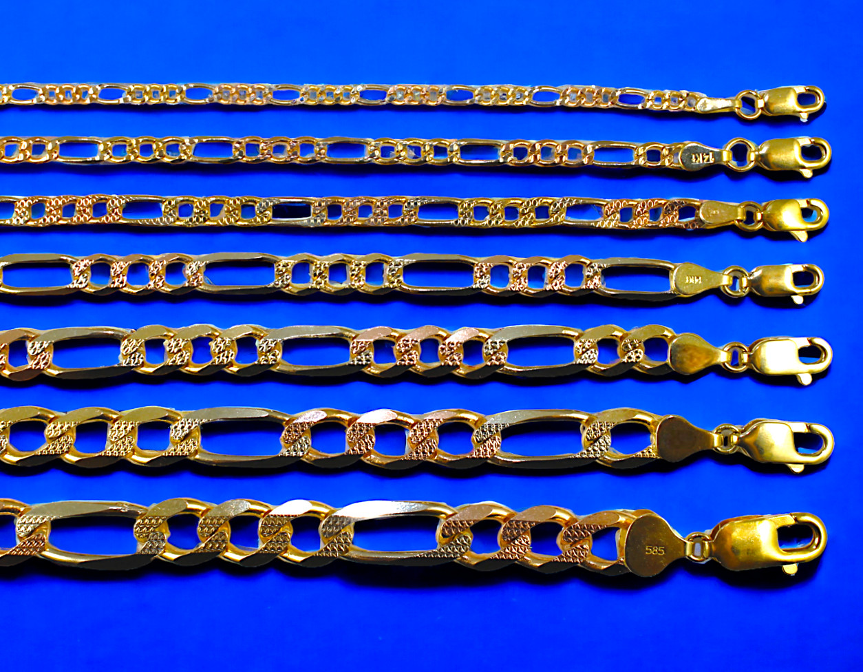14K Tri Color Gold SOLID Figaro Necklace Bracelet Chain D/C 2mm-8.5mm 7″-30″