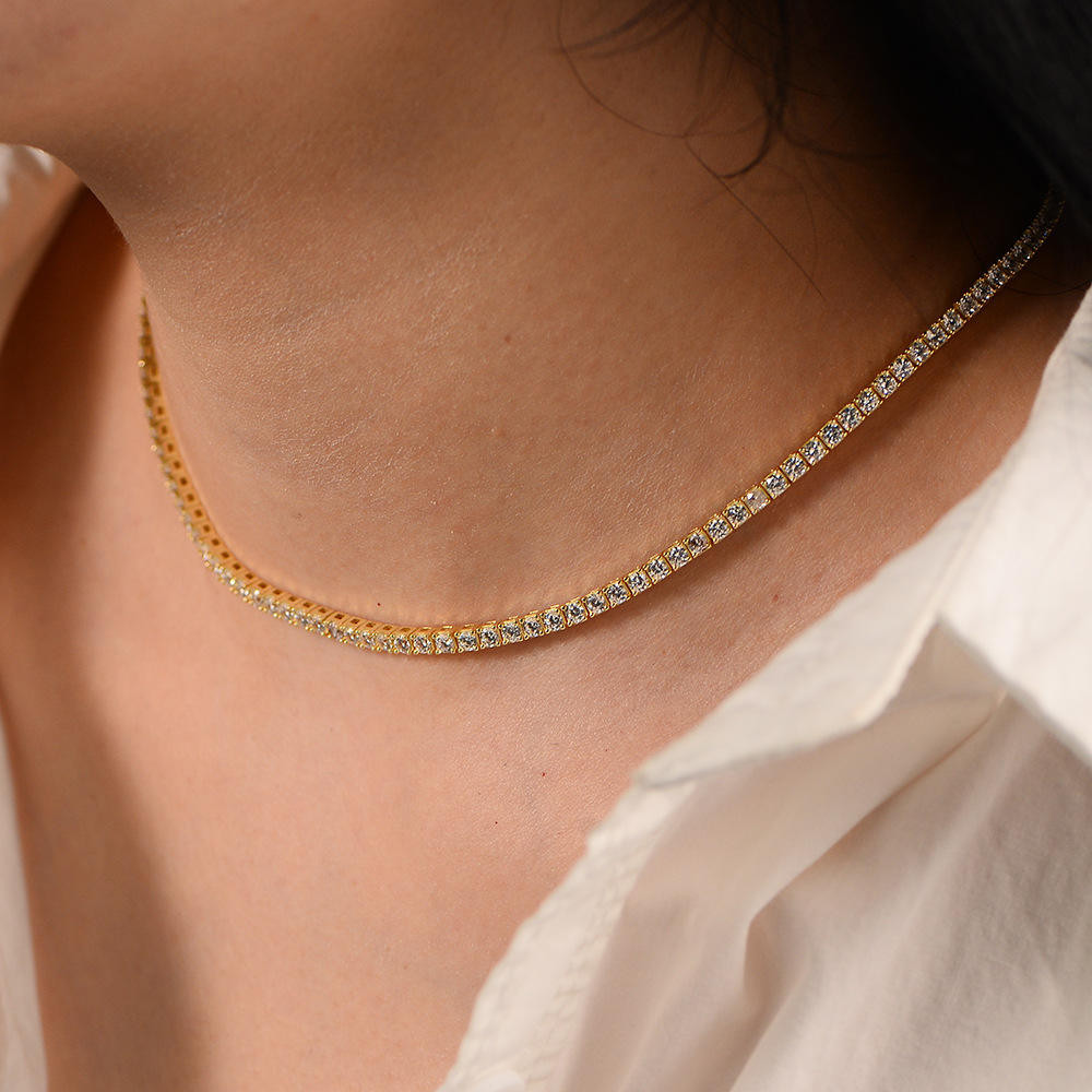12Ct 4MM Real Moissanite Tennis Necklace 925 Silver 14K Yellow Gold Finish VVS1