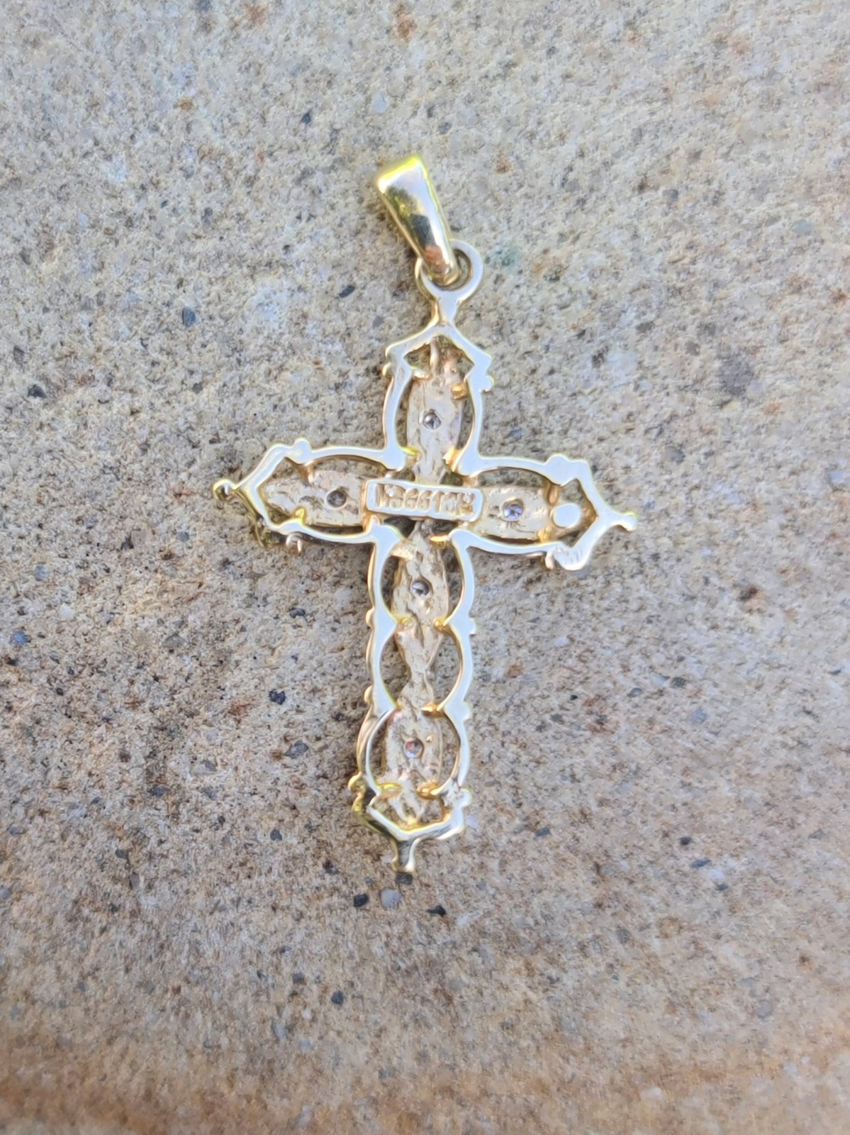 10k Solid Yellow & White Gold Diamond Cross Necklace Pendant 1.22″ Signed .99g