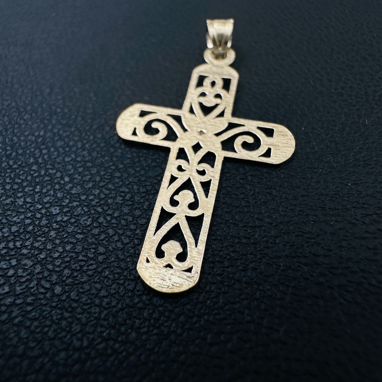 Solid 10K Multi-Tone Gold Filigree Cross Pendant w/White Sapphire Accent, 1.15″