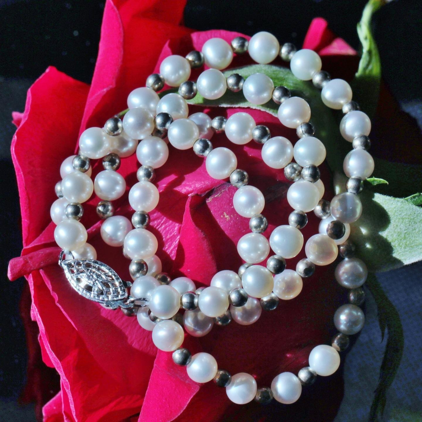 925 sterling silver 18.0″ necklace 5mm cultured pearl silver bead 13.6g