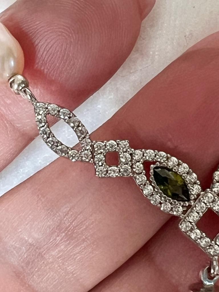 REAL PERIDOT Pearl SAPPHIRE 14K W Gold on SOLID 925 Drop Necklace PINK Victorian