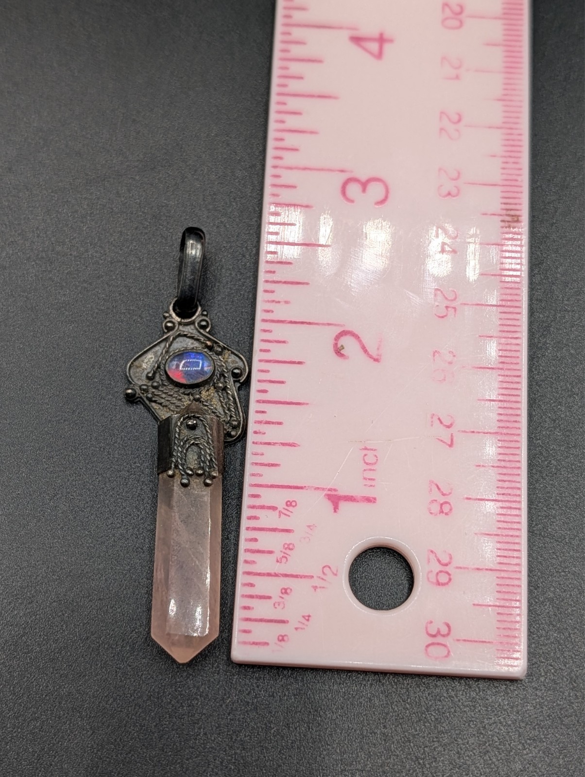 Unique Oxydised Sterling Silver Rose Quartz Point Ornate Pendant