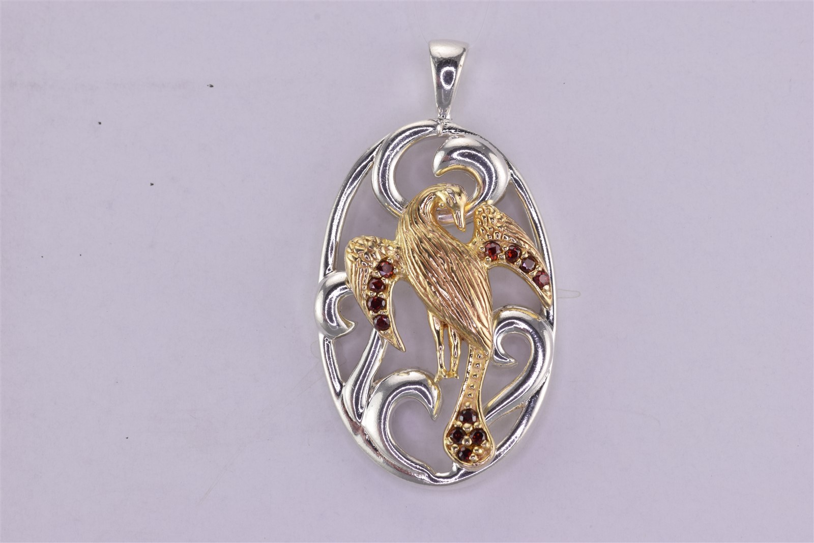 Two Tone Sterling Silver 36mm x 23mm Red Garnet Bird Openwork 925 Pendant