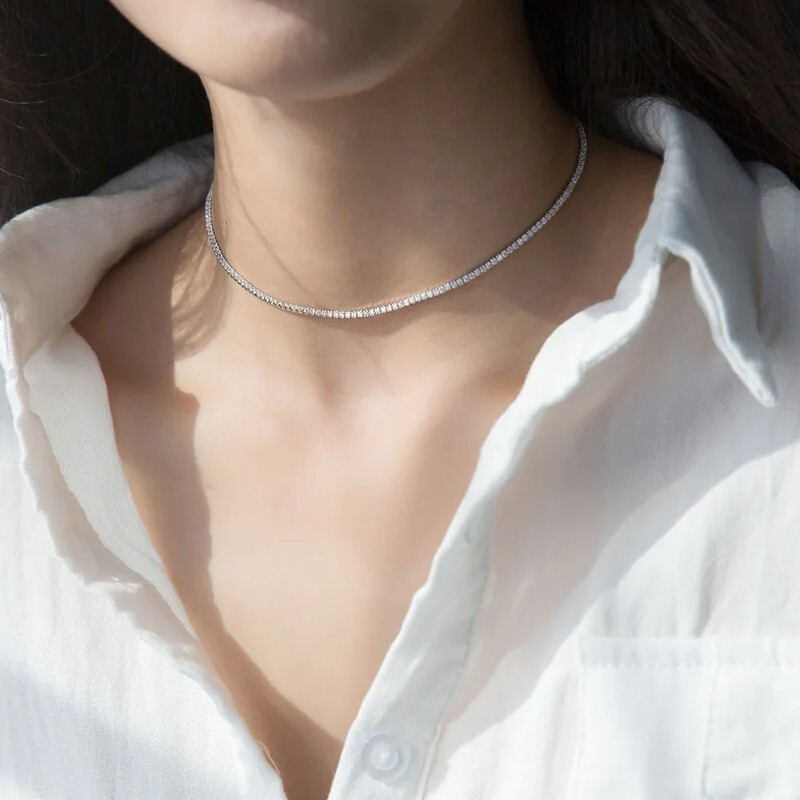 2mm Round Cut Moissanite Women Tennis Necklace Choker 18K White Gold Plated GRA