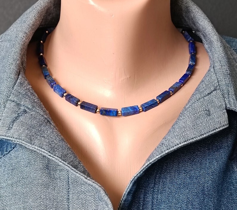 Natural Blue Lapis Lazuli Rectangle Shape Gemstone Bead 18″ Handmade Necklace