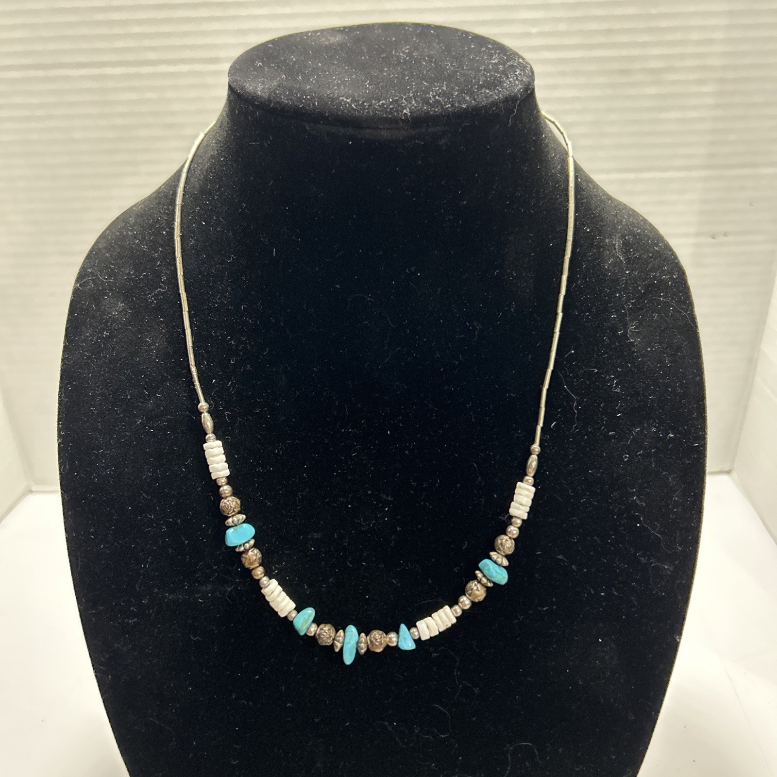 Southwestern Liquid Sterling Silver Necklace Turquoise Nuggets Silver Beads 21”