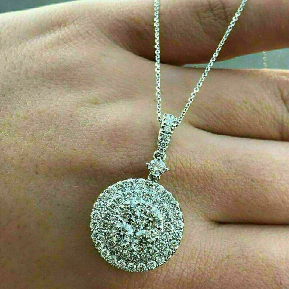 2Ct Round Cut VVS1 Diamond Cluster Pendant 14K White Gold Finish Free Chain