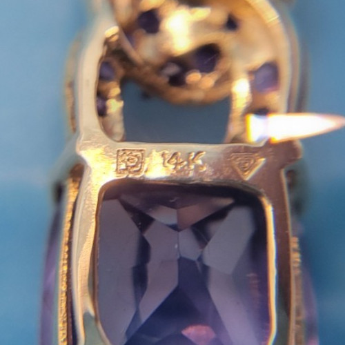 4.08CT Brazilian Amethyst Cushion With Garnet .48CTW Round, 14K Gold Pendant