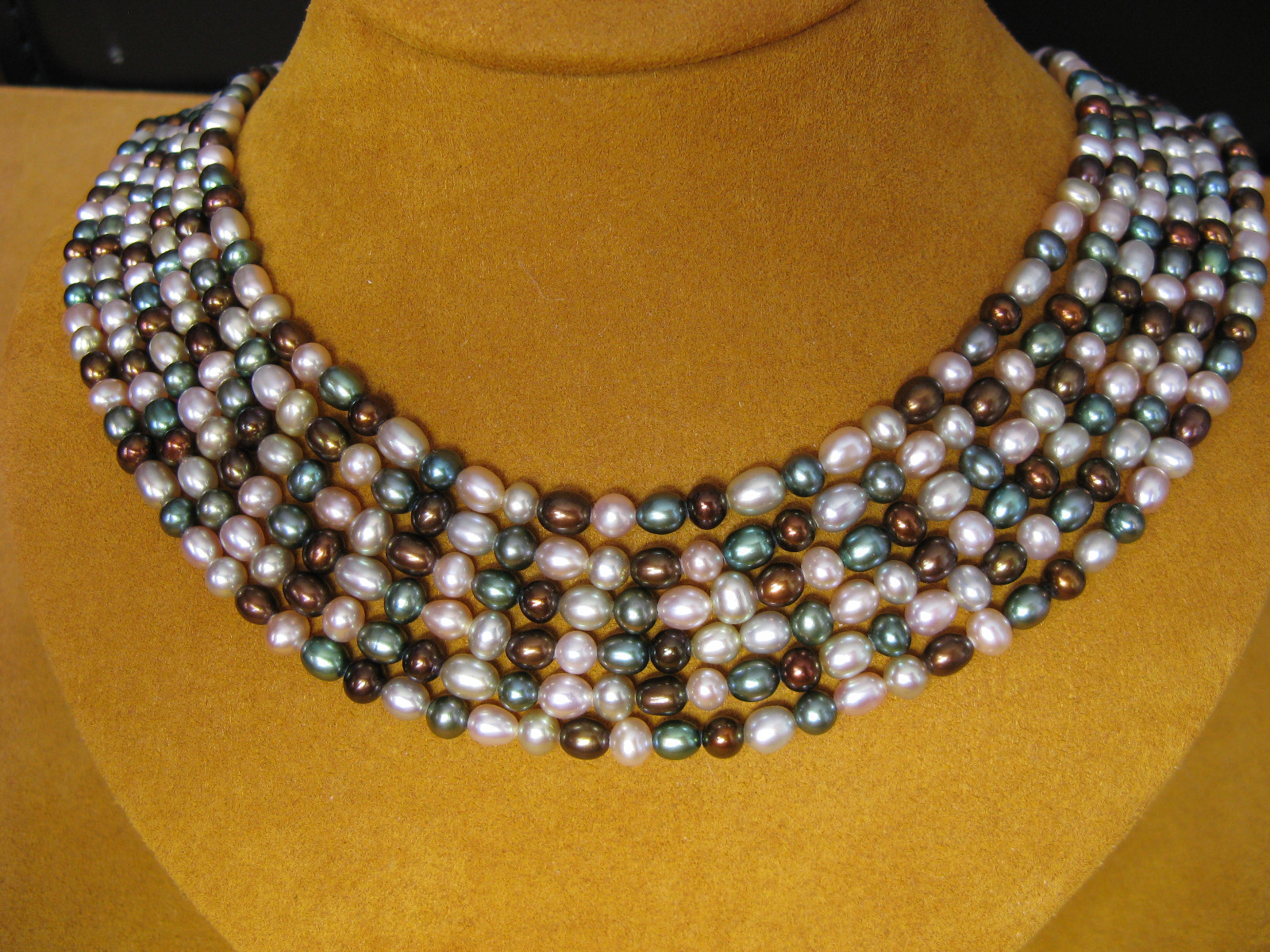 PEARL NECKLACE STRAND STRING RAINFOREST GREEN BROWN SS HONORA Designer Jewelry