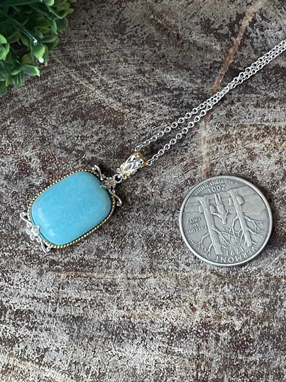 Peruvian Amazonite Cushion Cut Pendant W/Chain 925 Sterling Silver Jewelry