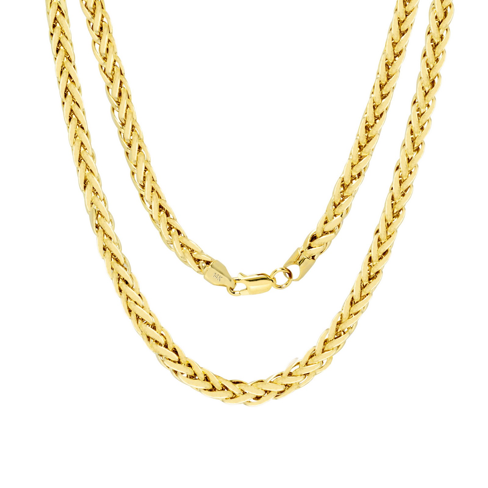 14K Yellow Gold 2.5mm-5mm Round Wheat Palm Franco Spiga Chain Necklace 16″- 30″