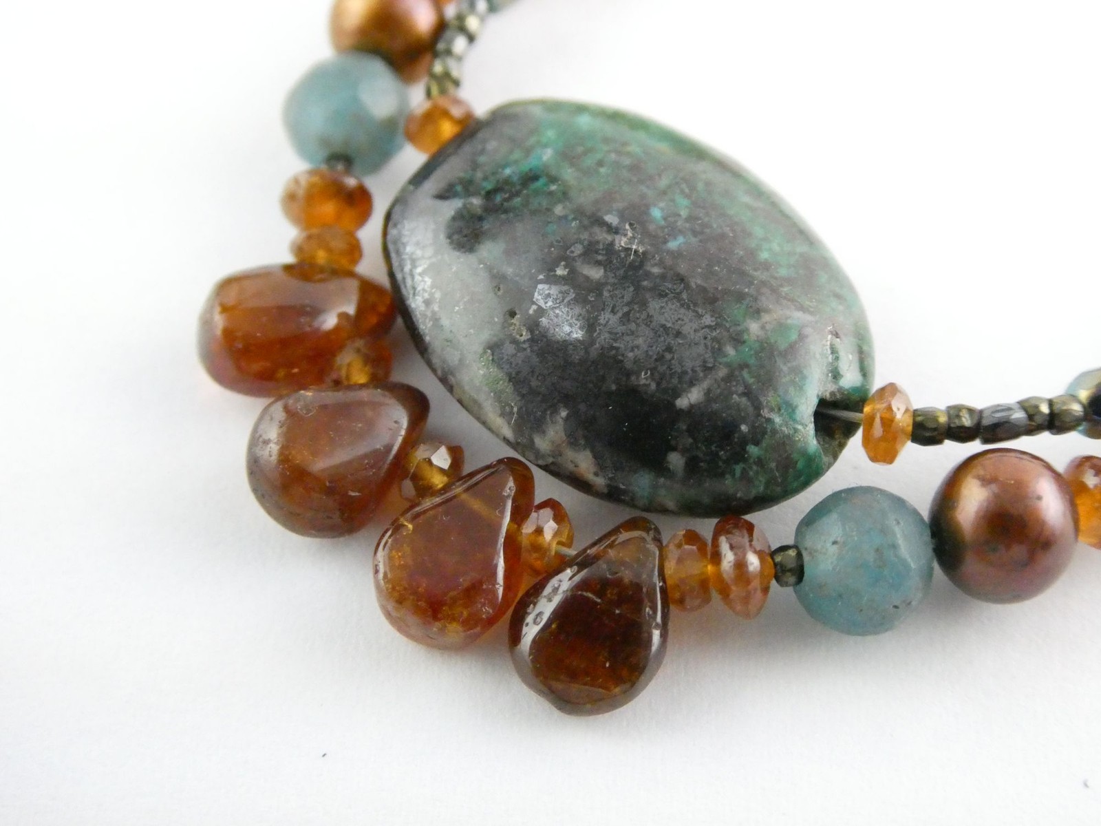 Sterling Silver Amber Chrysocolla Multi Gemstone Two Strand Necklace 17.5 In 19g