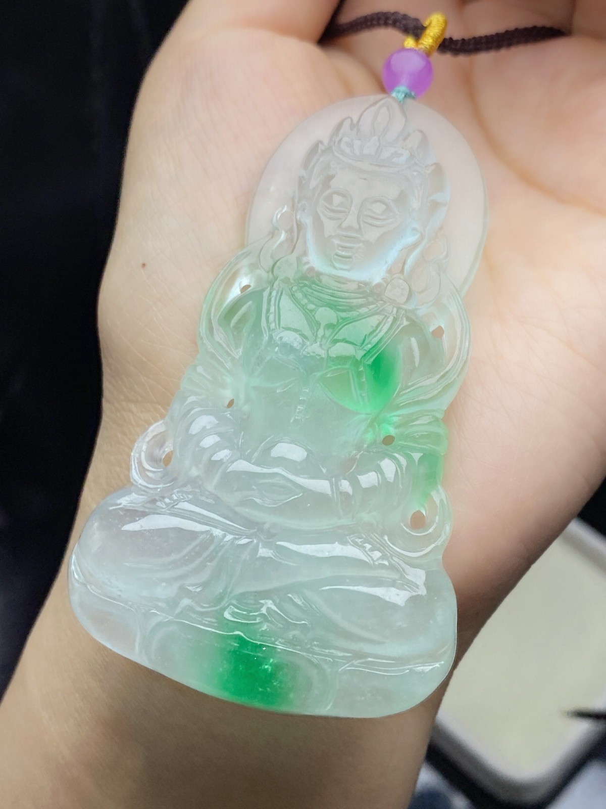 Natural Jadeite light green Carved Guanyin Lucky big Pendant jade Amulet 观音