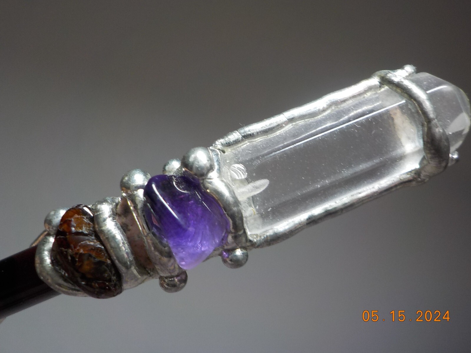 STERLING SILVER WRAPPED AMETHYST/QUARTZ CLEAR POINT/PINK QTZ HEALING WAND/STICK