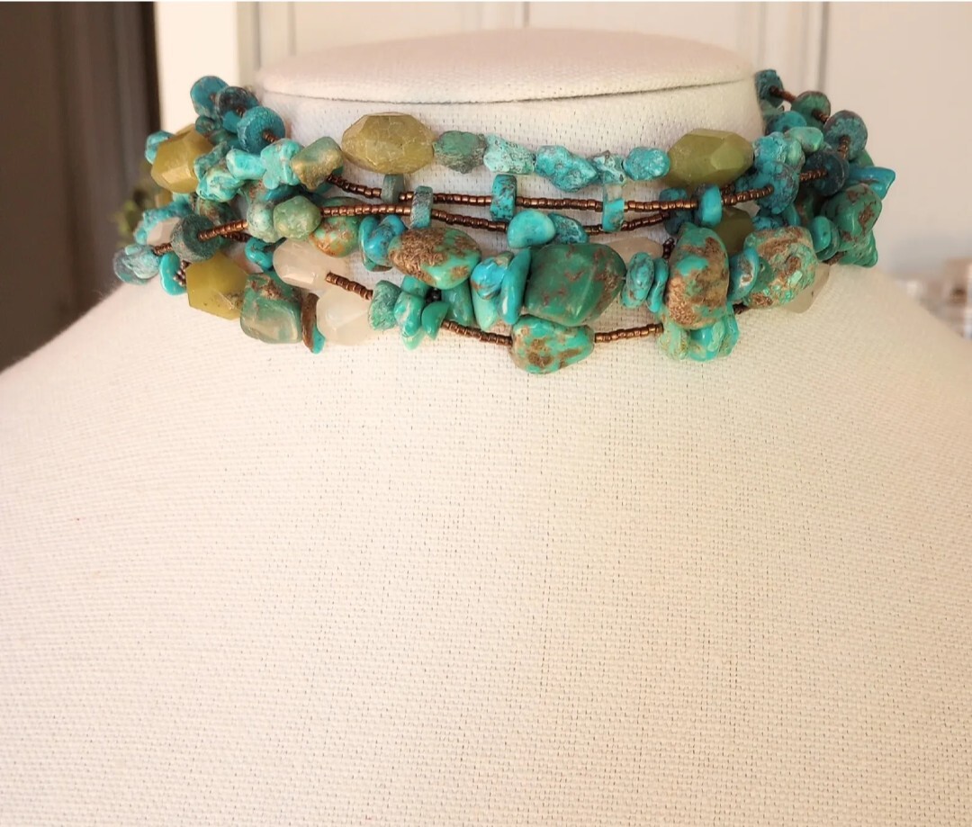 Vintage ? Native American ?Stone Bead Choker 6Row Necklace Turquoise Nuggets 925
