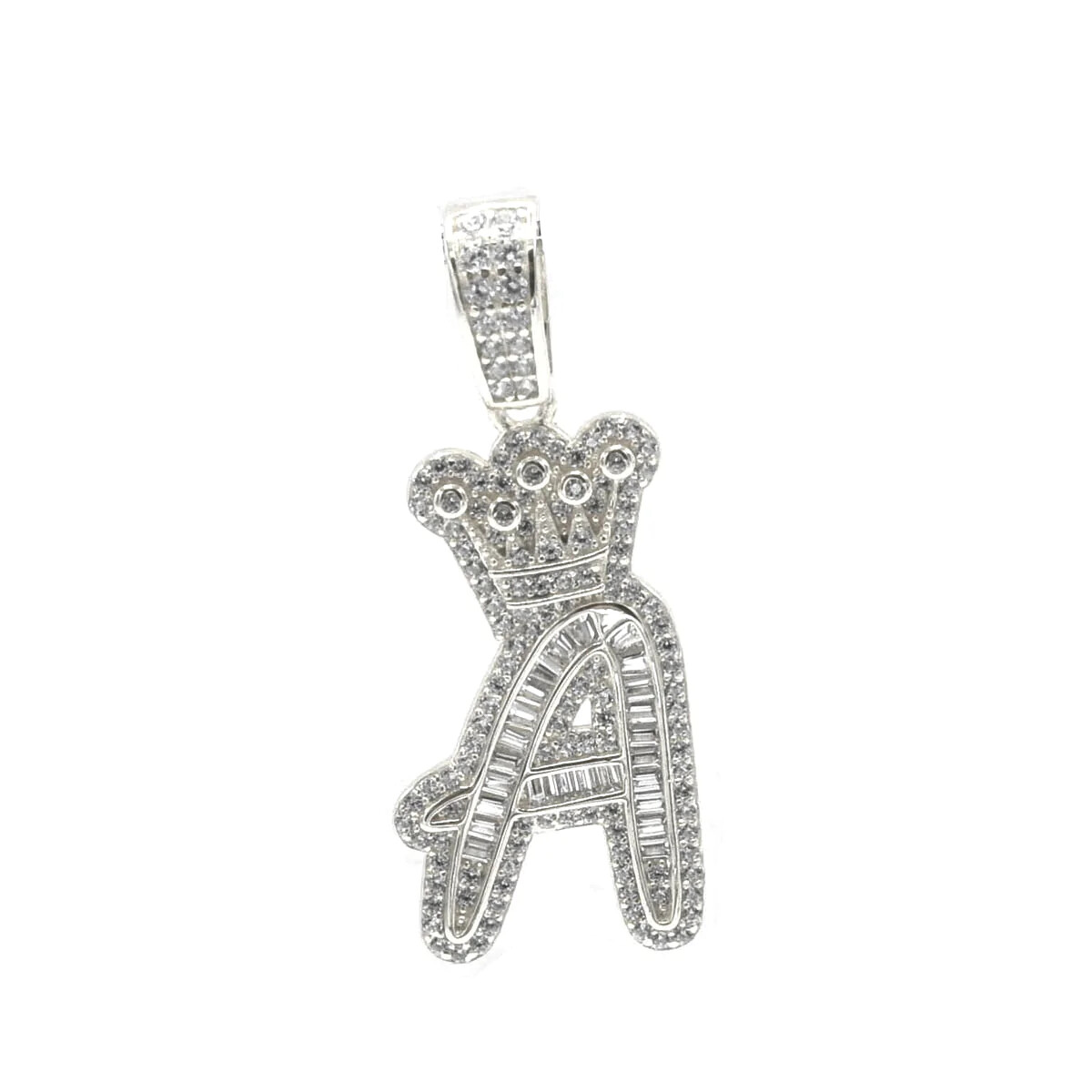 Real 925 Sterling Silver Baguette CZ Initial Alphabet Letter A-Z Crown Pendant