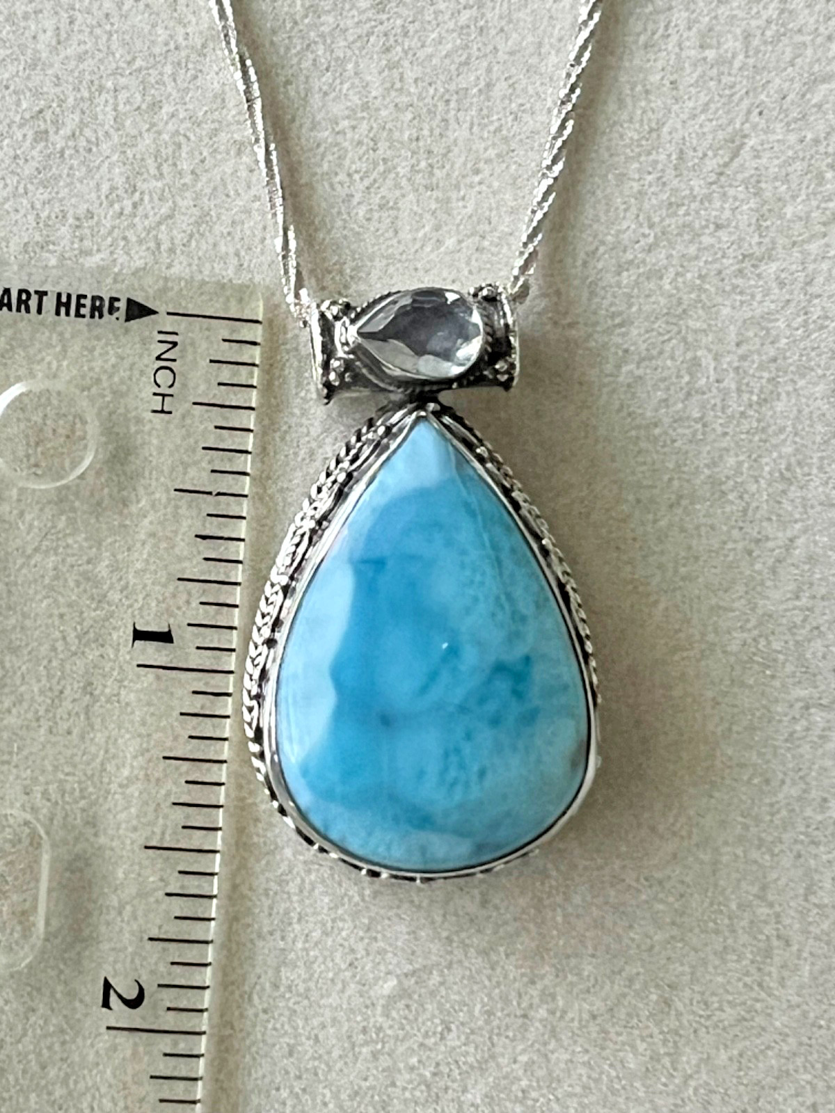 Larimar Pendant Sterling Silver 925 – Quartz Bezel – Ornate Caribbean Blue Stone