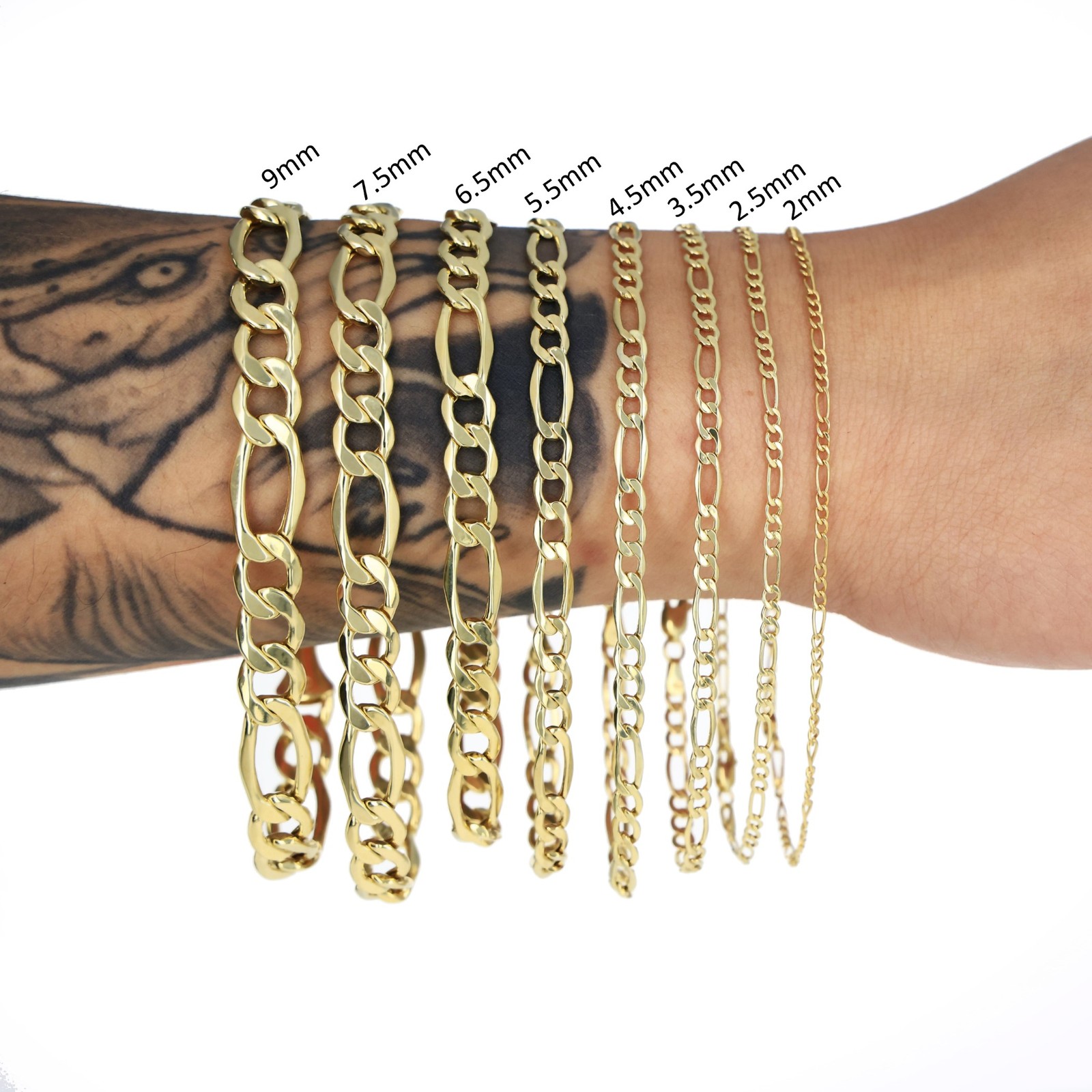 14K Yellow Gold 2mm-7.5mm Figaro Link Chain Necklace Bracelet Men Women 7″- 30″