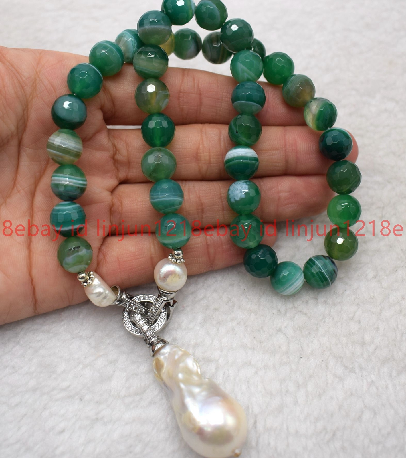 8mm Faceted Green Striped Agate Round White Baroque Pendant Necklace 16-32in