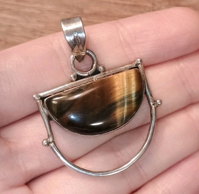 Tiger’s Eye Cabochon Sterling Silver 925 Half Moon Boho Ethnic Modernist Pendant