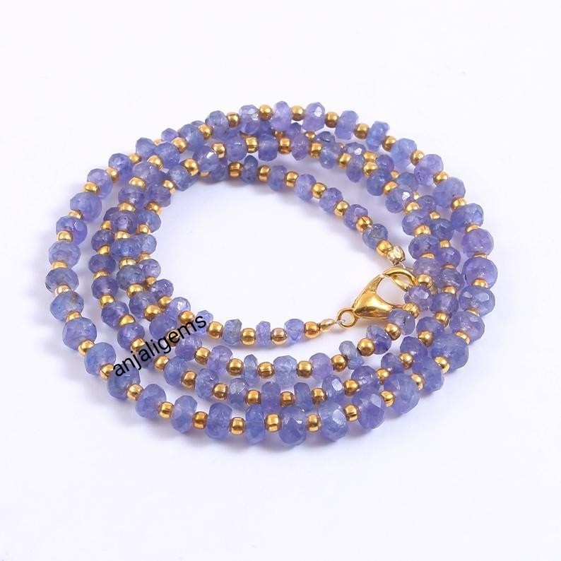 18K Yellow Gold Finished Over AA+ Tanzanite Gemstone Beads Necklace In 925Silver