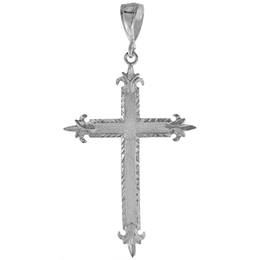 925 Sterling Silver Diamond Cut Fleur de Lis Cross Pendant 3 1/2 Inch (88mm)