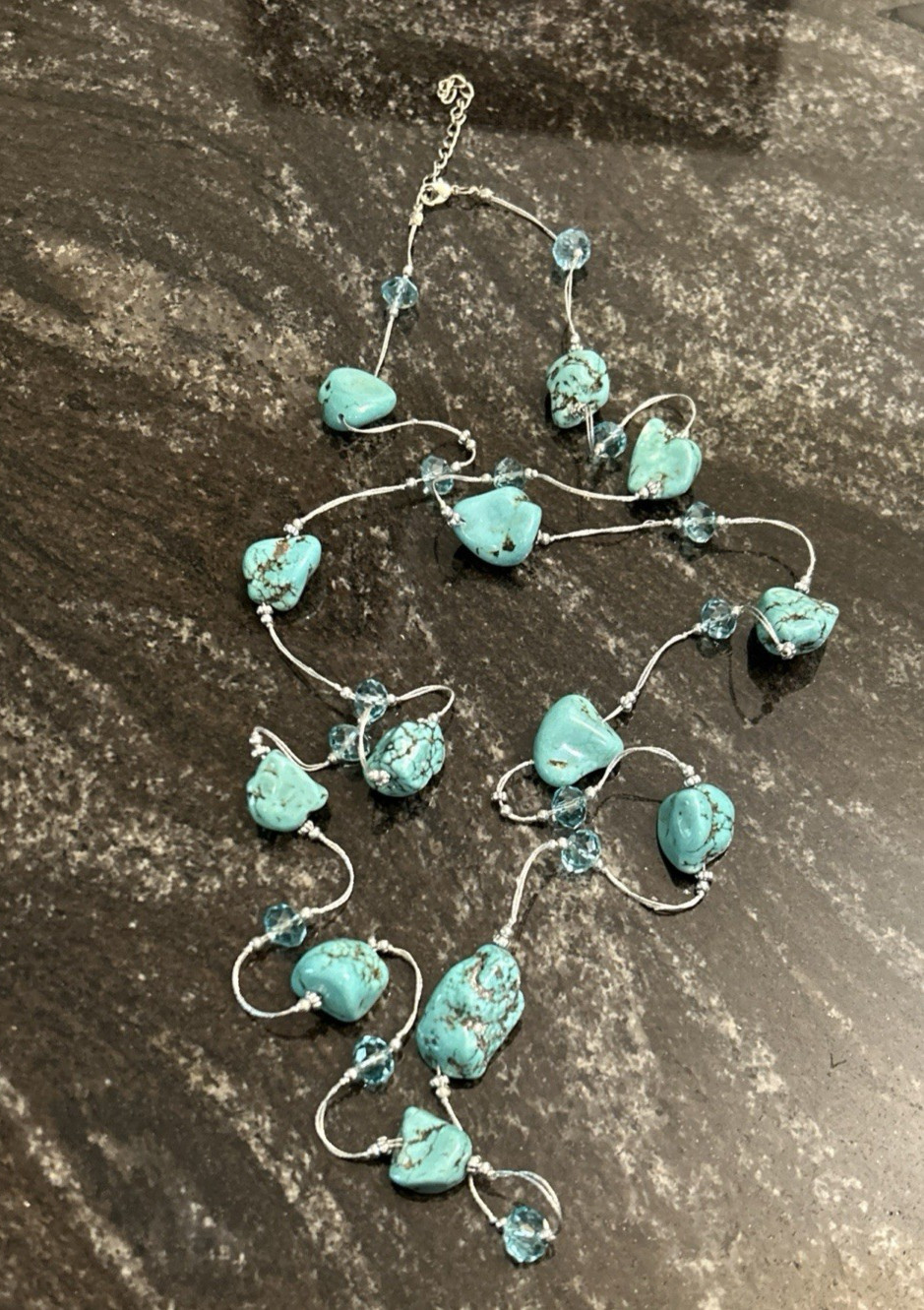 Boutique Turquoise Nuggets w/Crystal Beads Spun Silver Chain Necklace 56” 98.8g