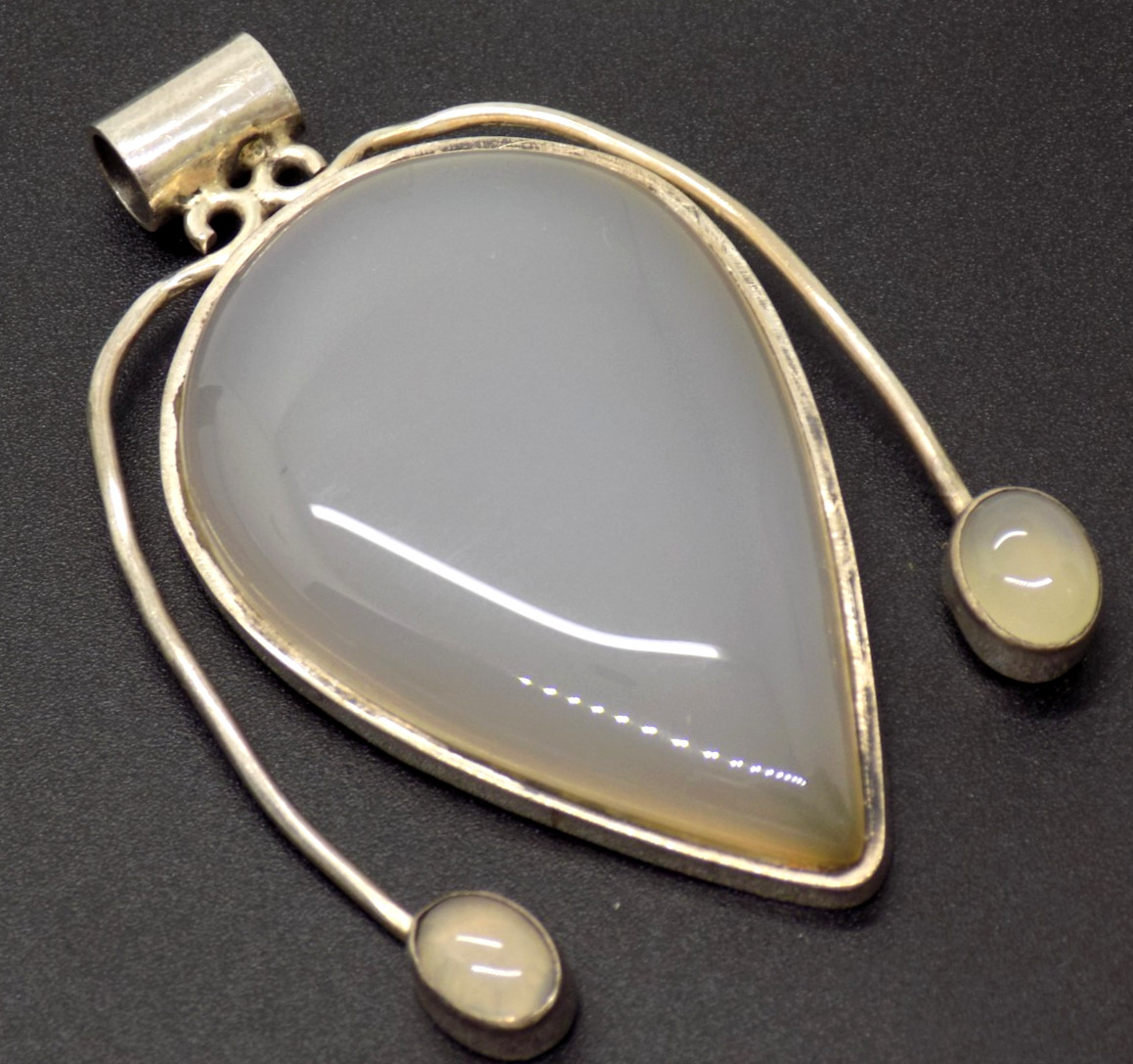 Large SOLID Sterling Silver 925 Opaque Moonstone? Chalcedony? Pendant