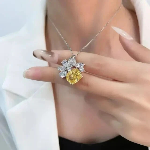 2.1CT Cushion Cut Lab Created Citrine Women Chain Pendant 14k White Gold Plated